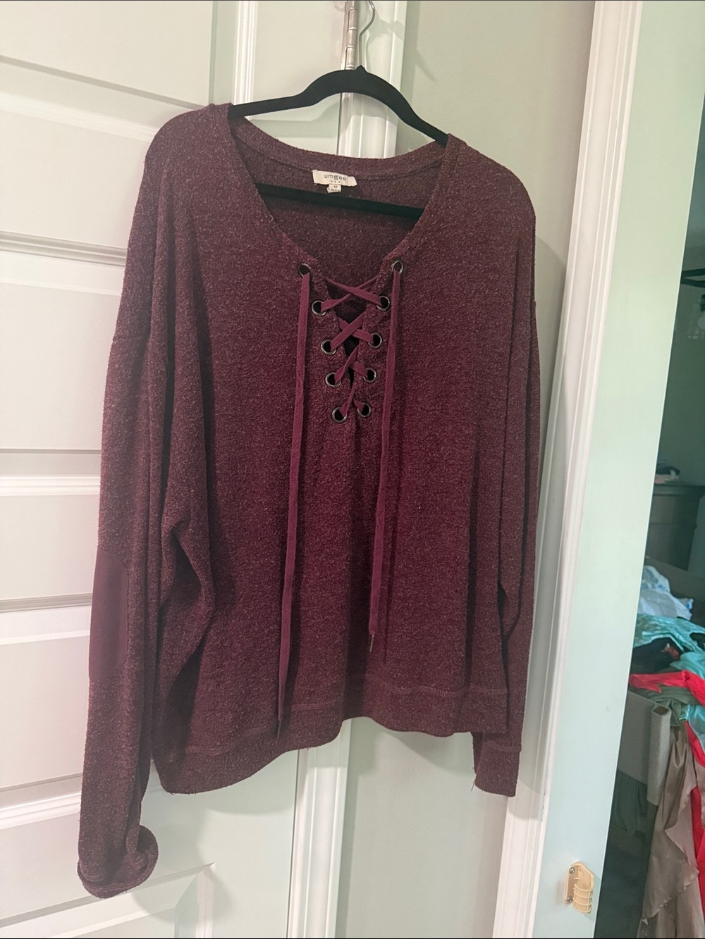 Umgee Lace-Up Pullover Sweatshirt - Wine